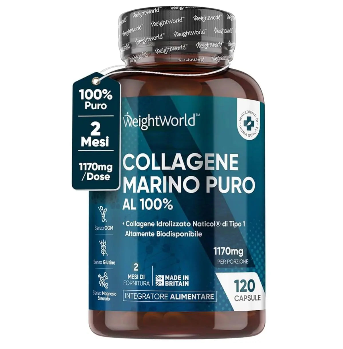 WeightWorld Collagene Marino Idrolizzato Naticol Tipo 1, Peptidi di Collagene Idrolizzato 100% 120 Capsule WeightWorld
