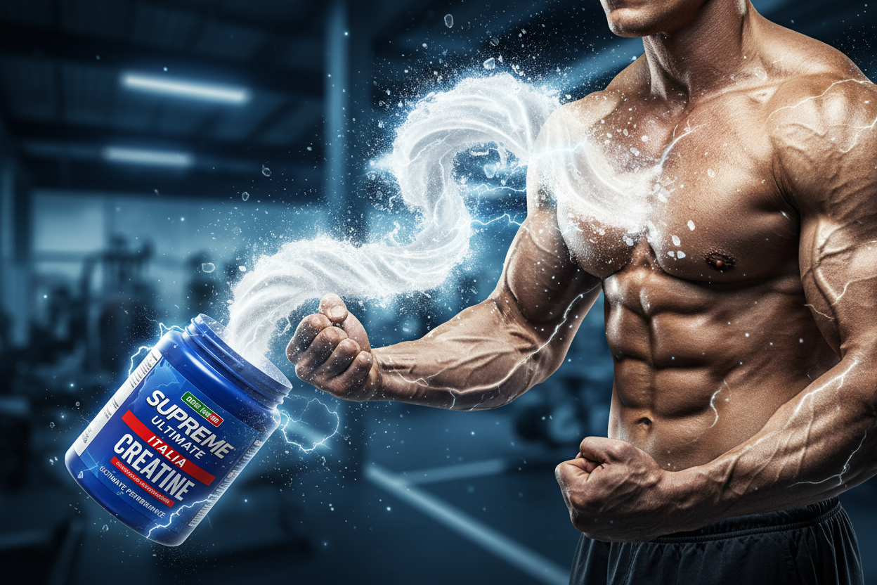 creatina che esce dal barattolo di creatina supreme ultimate italia azzurro ed entra nei muscoli per dare forza potenza e resistenza all'allenamento e alla vita