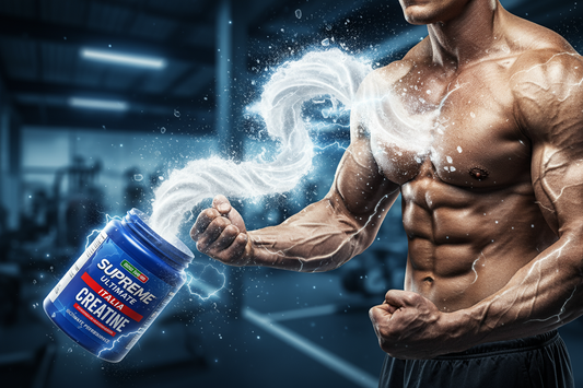 creatina che esce dal barattolo di creatina supreme ultimate italia azzurro ed entra nei muscoli per dare forza potenza e resistenza all'allenamento e alla vita