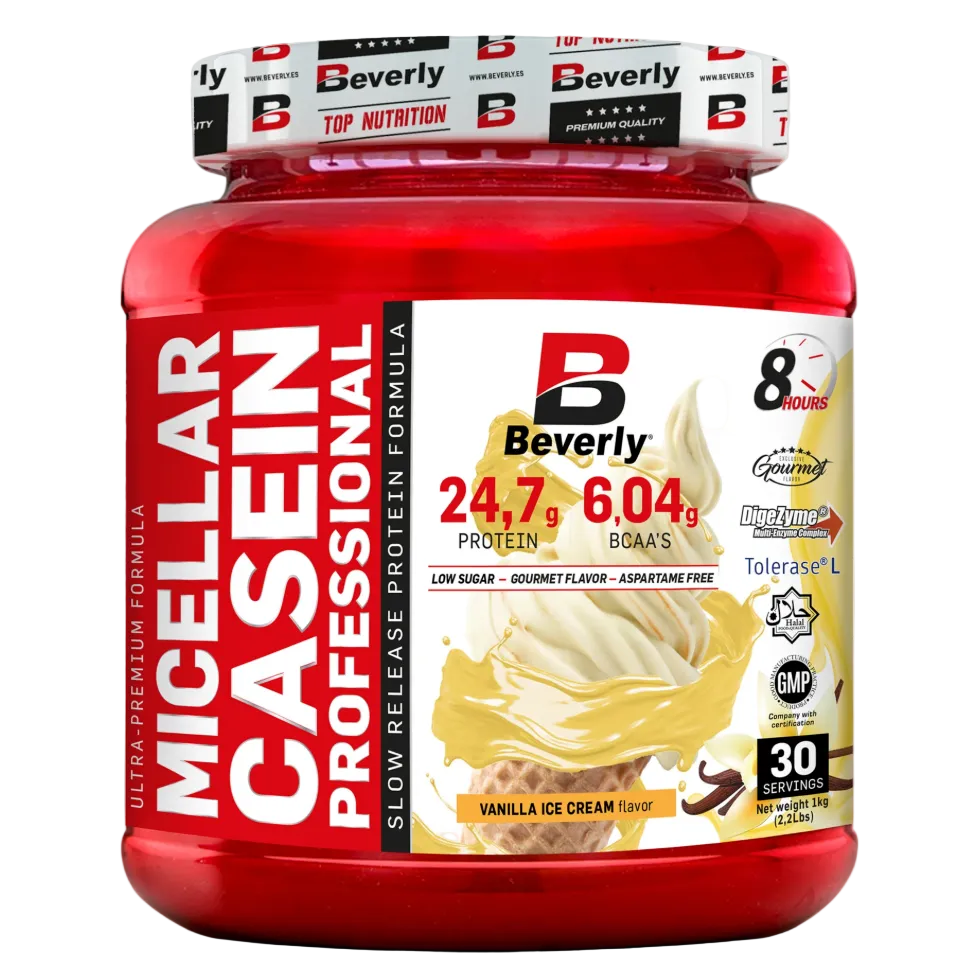 Beverly Nutrition Cassein Professional 1kg | Casein Micelar Lacprodan® + Glutamin Kyowa® | Langsam freisetzendes Nachtprotein
