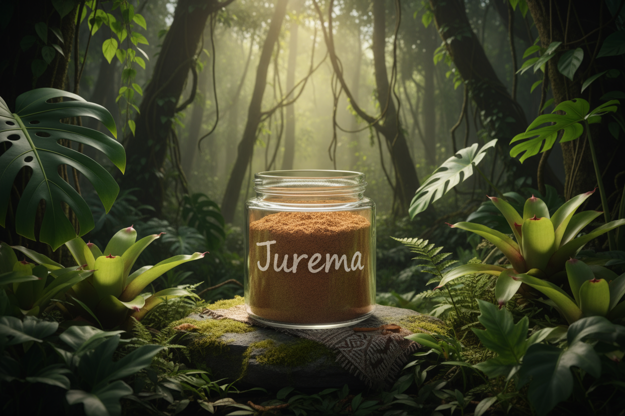 Creami una foto con lo sfondo della foresta per rape indigeno che arriva dalla tribù huni Kuin del Brasile il Rape’ è di Jurema quindi fai il barattolo trasparente con la scritta Jurema che si vede la polvere dentro e 