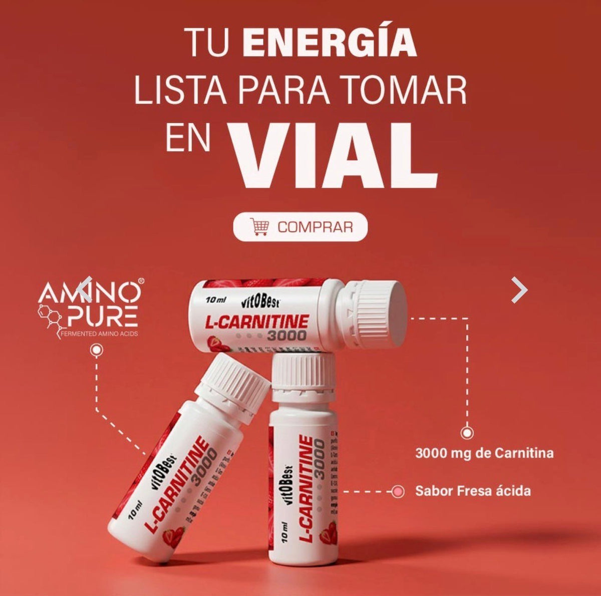 VitoBest L-Carnitine 3000 Viales – Sabor Fresa Ácida (20 viales x 10 ml)